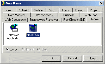 IntraWeb tab of the Object Repository
