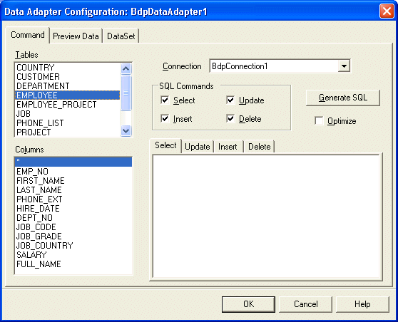 Borland Data Provider Data Adapter Configuration Dialog