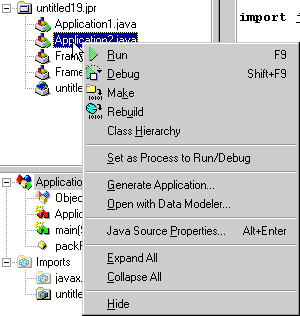 Screenshot of popup menu for setting process to Run/Debug